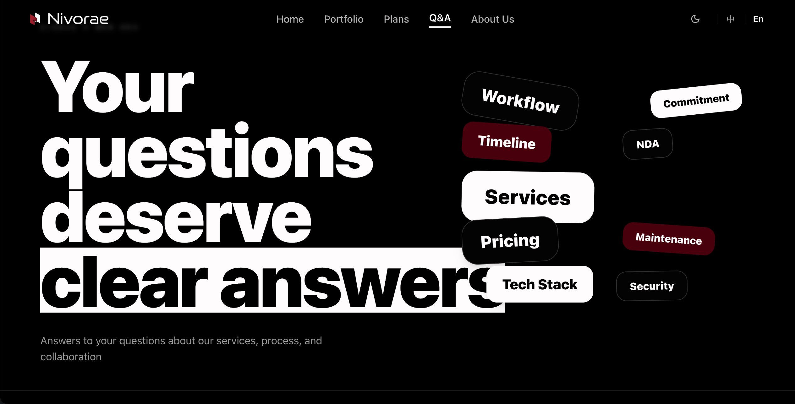 Nivorae FAQ page in dark mode
