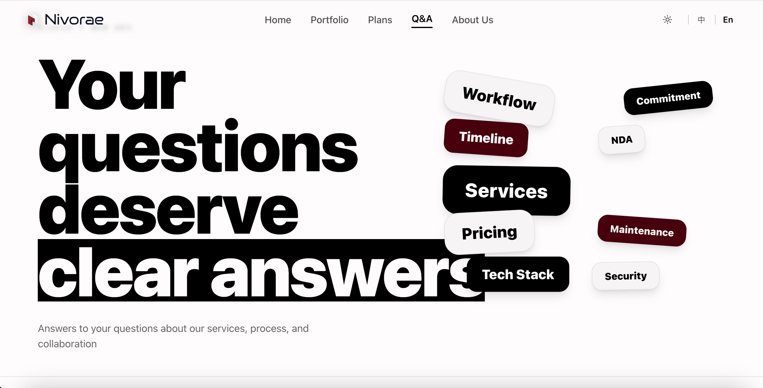 Nivorae FAQ page in light mode